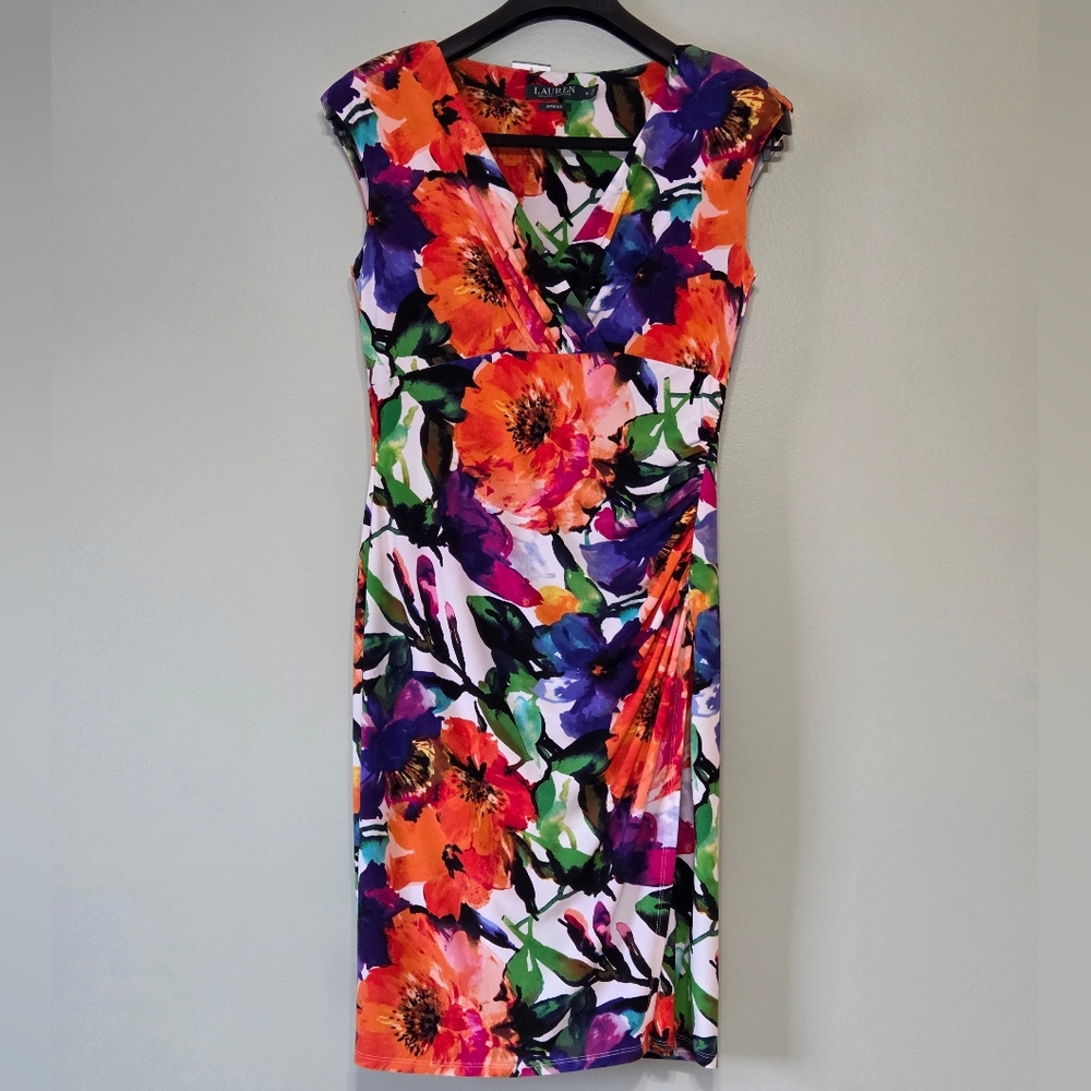 🌺 Lauren Ralph Lauren Size 8 Bold Orange Purple Floral Ruched Sheath Dress